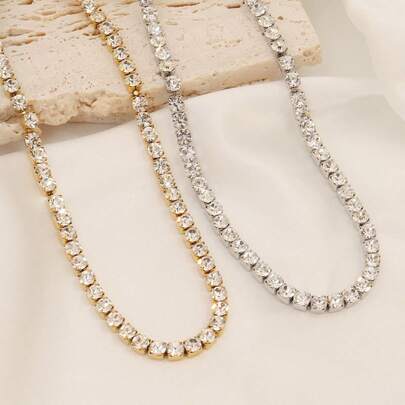 1pc 4mm Stainless Steel Necklace, Unisex, Hip Hop Tennis Chain Necklace, White Cubic Zirconia Pendant Jewelry