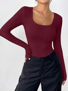 PRETTYGARDEN Women Spring And Fall Long Sleeve Shirts Clothes Cute Going Out Tops Ribbed Tight Fitted Plain Basic Tee Tshirts Vacation Outfits For Women - 酒紅色 - 查看 2