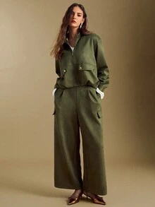 Sollinarry Women's Spring New Faux Suede Fashion Olive Green Stand Collar Zip Jacket And Matching Wide Leg Pants 2 Pieces Set - Army Green - View 5