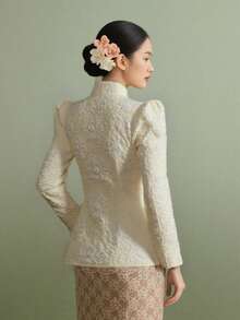 现代优雅 Kebaya 女式立领衬衫，不对称设计，优雅，3D 花卉图案，适合传统 Kebaya 衬衫，马来西亚