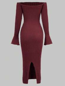 Magic Mia Women's Off-The-Shoulder Burgundy Fuzzy Bodycon Dress - Long Slevees Soft Stretchy Material & Comfort-First Design| Fluffy Party Dress For Night Out, Date Night And Parties And Semi-Formal Occasions - 酒紅色 - 查看 2