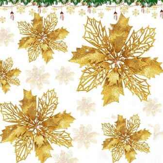 1/10 件带夹子的亮片一品红装饰花，玫瑰金闪光网状叶子人造一品红花，用于圣诞树，圣诞节和新年节日装饰，闪亮人造圣诞花，用于玫瑰金圣诞树，婚礼餐桌装饰（金色）