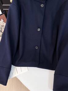 GMFP Women's Casual Elegant Fashion Solid Color Stand Collar Button Short Loose Overcoat, Navy Blue Wool, Suitable For New Year/Valentine's Day - Navy Blue - View 7