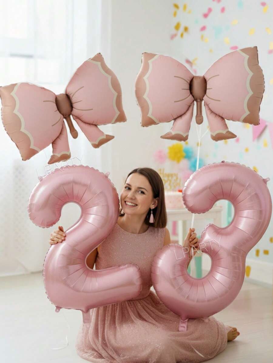 2pcs/Set 40-Inch Pink Number 0-9 Birthday Party Decorative Balloons, Huge Pink Matte Bow Shaped Foil Balloons, Suitable For Princess Style, Pink Theme, Anniversary, Baby Shower Birthday Party Decorations - Multicolor - View 1