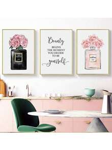 CPWAD 3pcs/Set New Nordic Pink Floral & Perfume Bottle Art Prints, Wall Decoration, Canvas Painting, Modern Minimalist Home Decor For Living Room Bedroom, Unframed,Wall Art,Poster Gifts Birthday Graduation