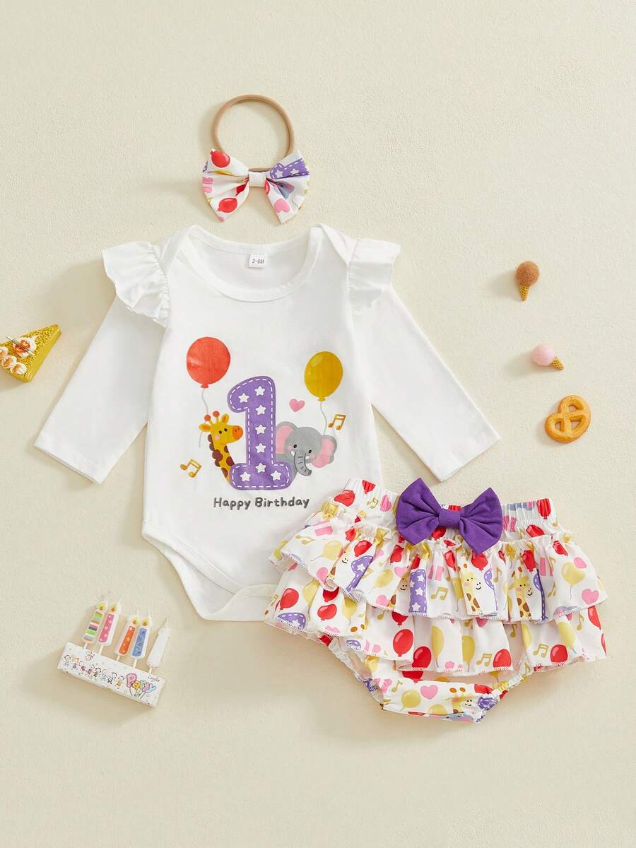Conjunto de cumpleaños para bebé niña con pelele de manga larga con estampado de globos de animales, pantalones cortos con volantes escalonados y diadema con lazo - Blanco - Ver 1