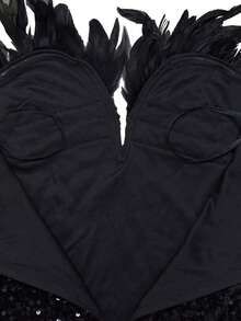 2025春夏新款女士亮片仿羽毛网纱无肩带深V领修身中长连衣裙，性感派对晚宴迷你裙，节日婚礼宾客礼服，黑色 - 黑色 - 查看 9