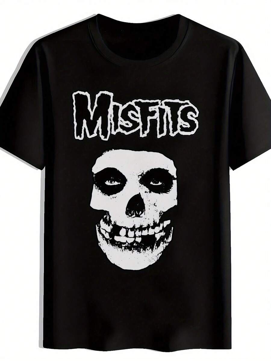 Men'S Black Misfits Graphic T-Shirt - Vintage Rock Band Design, Short Sleeve, Round Neck, Casual Summer Tee For Music Fans, Beach, Holiday, And Party Wear, Holiday Apparel  Skull Print Shirt  Lightweight Tshirt - màu đen - Xem 1