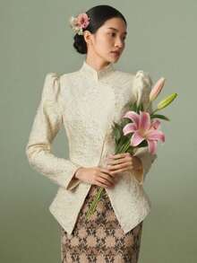 现代优雅 Kebaya 女式立领衬衫，不对称设计，优雅，3D 花卉图案，适合传统 Kebaya 衬衫，马来西亚