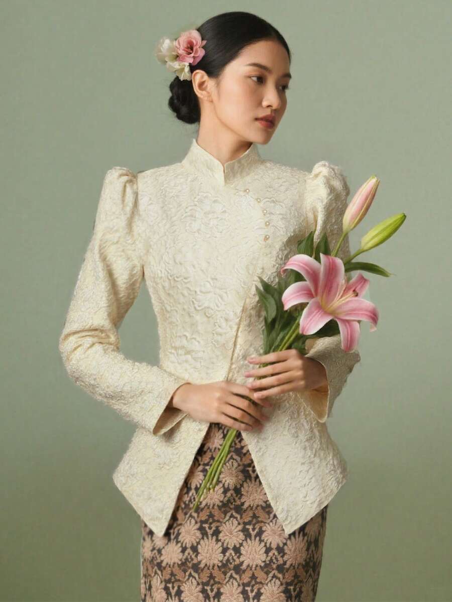 现代优雅 Kebaya 女式立领衬衫，不对称设计，优雅，3D 花卉图案，适合传统 Kebaya 衬衫，马来西亚