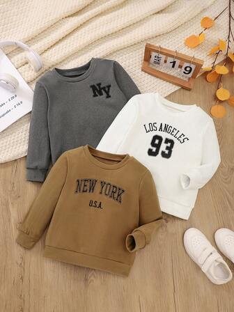 3 piezas Camiseta de manga larga con bordado de letras para niños, tops casuales para otoño/invierno