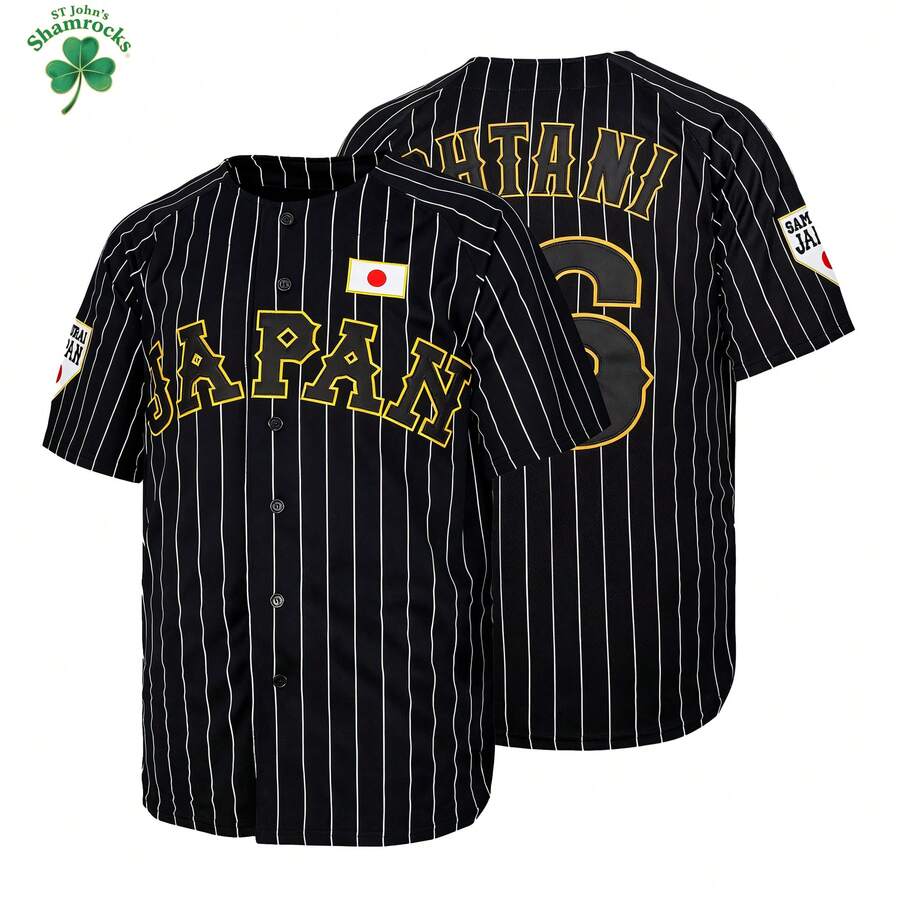Kekambas Men's #16 Ohtani Jersey Japan Samurai Black Pinstriped Hip Hop Baseball Jersey Elastic Fabric -Casual Sports Shirt Button Embroidered Training Match Sports Shirt Holiday Gifts