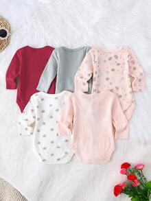 DILAVEL 5pcs/Set Newborn Baby Long Sleeve Rompers, Embroidered Floral Pattern Round Neck Outdoor Clothing Set, Autumn/Winter - Baby Pink - View 3