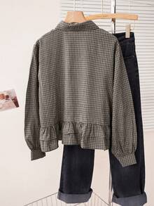 女士秋冬蓝色格子下摆荷叶边拼布衬衫，休闲装，通勤装，长袖衬衫，短款上衣