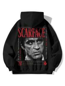 Men  Movie Poster Pattern Hoodie - Retro Tony Montana Print Loose Pullover Sweatshirt, Black And Red Nostalgic 80s Film Design, Fleece-Lined Casual Outerwear, Party Costume Or Role Play - Perfect Gift For  Fans, Includes Tony Montana Quotes And Classic Movie Art Elements, Street Hip-Hop Style Comfortable Fit, Machine Washable Fleece Material, Ideal For Movie Fans And 80s Screen Enthusiasts - Black - View 1