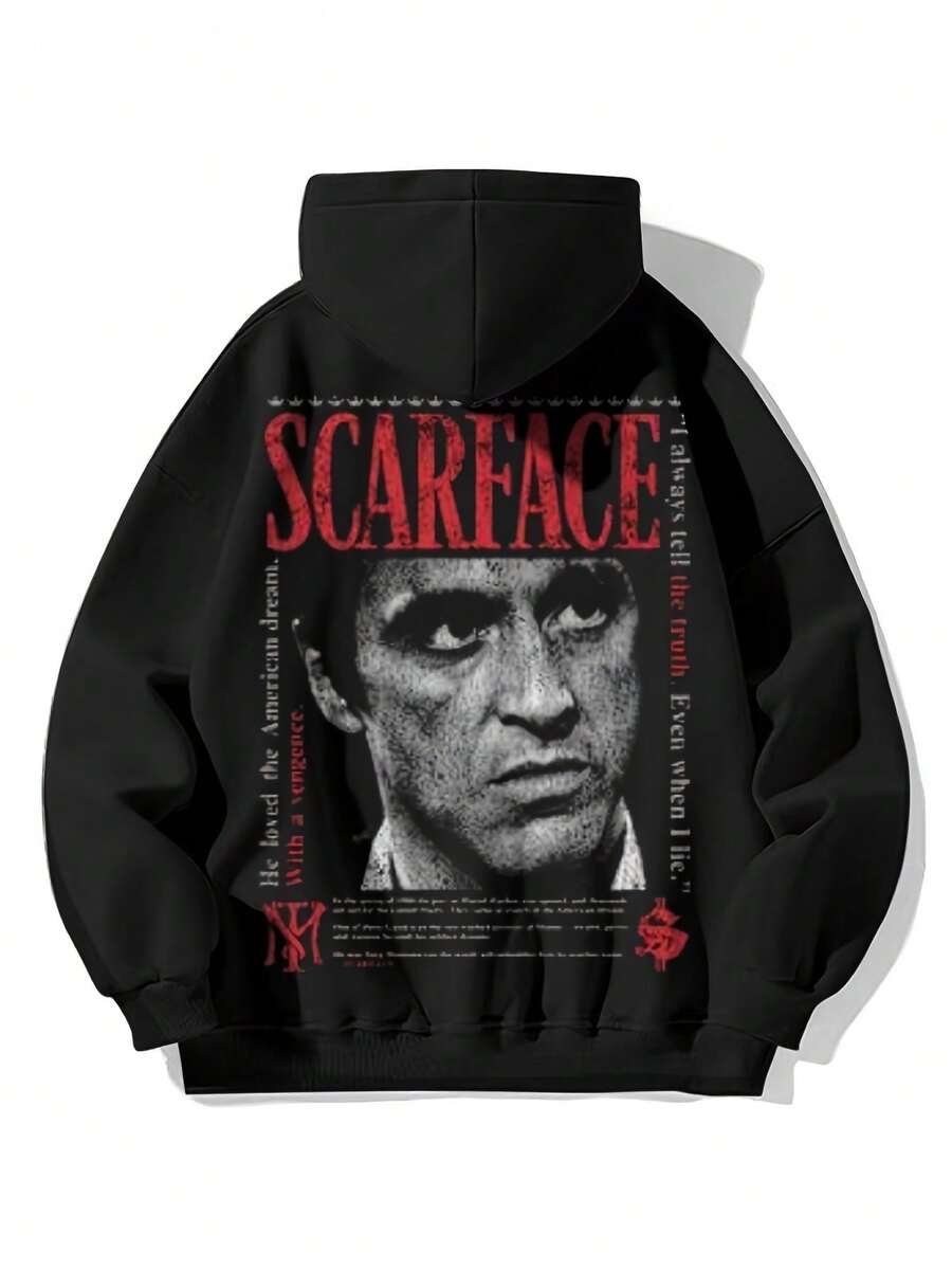 Men  Movie Poster Pattern Hoodie - Retro Tony Montana Print Loose Pullover Sweatshirt, Black And Red Nostalgic 80s Film Design, Fleece-Lined Casual Outerwear, Party Costume Or Role Play - Perfect Gift For  Fans, Includes Tony Montana Quotes And Classic Movie Art Elements, Street Hip-Hop Style Comfortable Fit, Machine Washable Fleece Material, Ideal For Movie Fans And 80s Screen Enthusiasts - Black - View 1