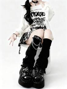 1双心形链条朋克哥特针织多层腿套，女士黑色哥特腿套，甜美前卫时尚必备单品，Y2K原宿亚文化喇叭腿洛丽塔腿套 - 彩色 - 查看 2