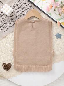 Infant Sleeveless Floral Embroidered Knit Hollow-Out Cardigan - Khaki - View 7