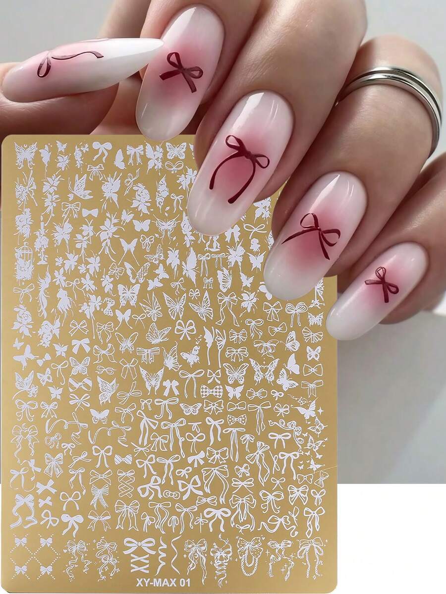 1件蝴蝶结金色美甲印花板，Y2K图案钢制美甲模板DIY印花模具美甲配件工具，优雅美甲沙龙，美甲用品 - 金色 - 查看 1