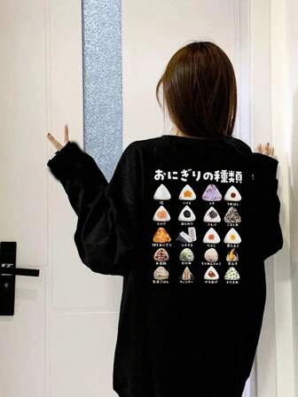 女性用ルーズフィットカジュアル 和風フード柄プリント長袖Tシャツ、春秋