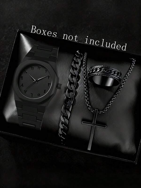 4PCS Watch Set Business Simple Fashion Quartz Watch Bracelet Necklace Ring Set Suitable For Daily Clothing Matching Perfect Gift