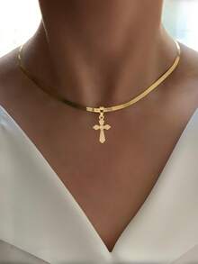 Tkool 1 Dây chuyền mặt dây chuyền nữ, phong cách tối giản nhiều lớp, dây chuyền phẳng bằng thép không gỉ đính đá Cubic Zirconia, trang phục hàng ngày đa năng, phụ kiện quà tặng - Vàng - Xem 3