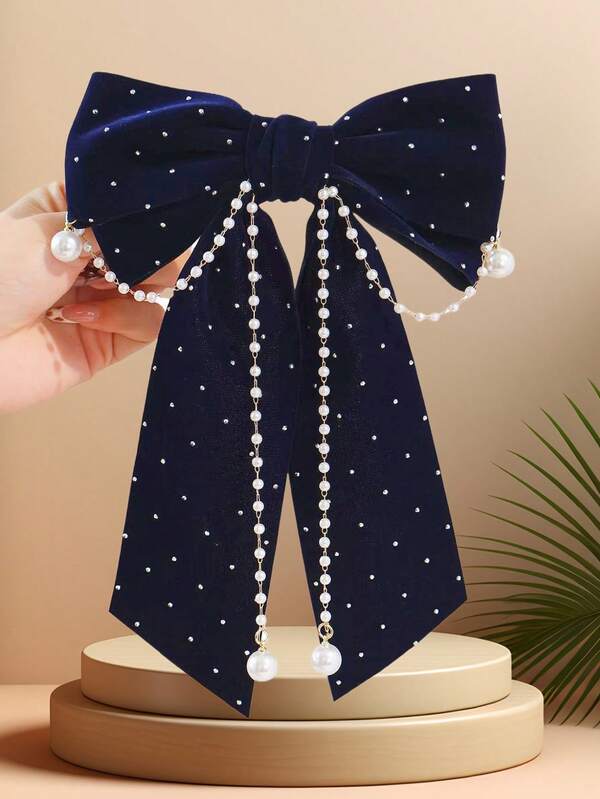 1pc Girls' Fashion Rhinestone Bow Pearl Decor Spring Clip (Random Pearl Quantity)