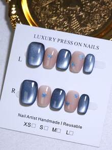 10 pezzi di unghie finte quadrate corte, stile francese, design autunnale e invernale, colore blu e nudo, stile occhio di gatto, fatto a mano, pronte all'uso, riutilizzabili, prodotti per la manicure e la bellezza delle unghie