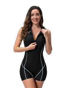 1 Piece Women's Fashion Slimming Surfing Swimsuit, Sexy Women's One Piece Swimsuit With Front Zipper For Diving And Surfing, Summer - 黑色 - 查看 4