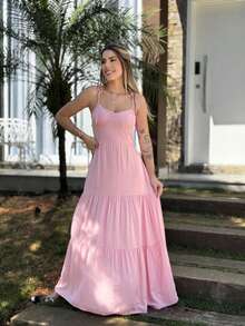 Women's Casual Long Dress Flowy Thin Strap Summer Elegant Lightweight - PINK - View 1