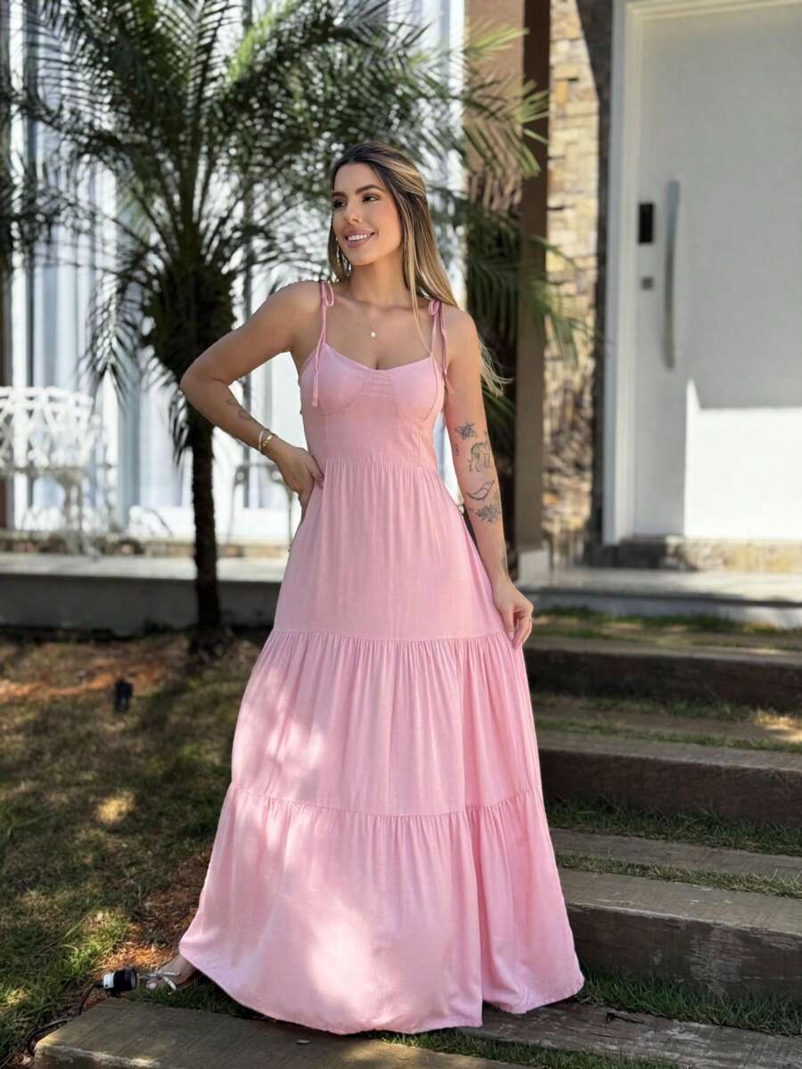 Women's Casual Long Dress Flowy Thin Strap Summer Elegant Lightweight - PINK - View 1