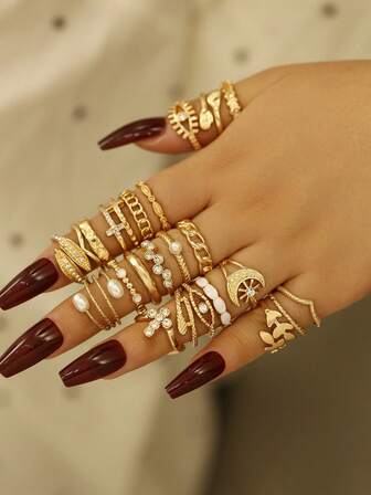 23 件波西米亚风格女士可叠戴戒指套装，优雅百搭几何星月仿珍珠戒指，适合日常佩戴、婚礼、节日礼物