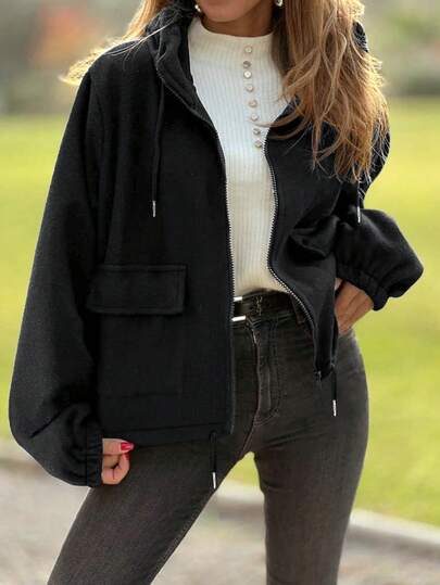 Women's Fall And Winter Regular Coat, Casual Versatile Simple Solid Colour Drawstring Hooded Coat, Suitable For Commuting/Festivals/Christmas/Halloween/New Year