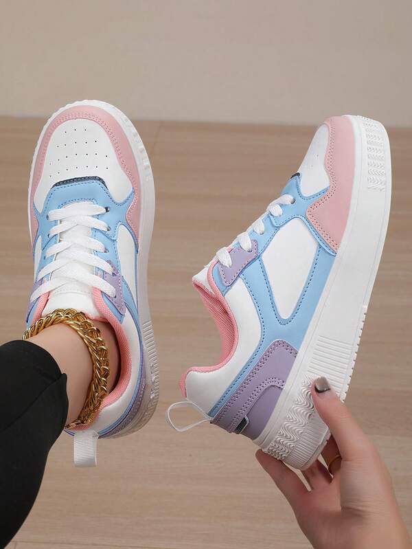 Women's Fashion Casual Sneakers Low-Top Lace-Up Breathable Color Block Athletic Shoes, Lightweight & Comfortable Skate Shoes