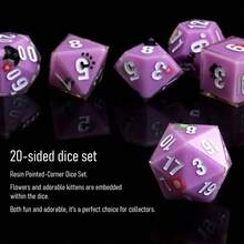 7 قطع/مجموعة نرد متعدد الأوجه من الراتنج، بلون أرجواني عام مع نمط قطة سوداء، مناسب لتجمعات العائلة في الهواء الطلق، هدايا مختلفة للمناسبات، مع علبة تخزين