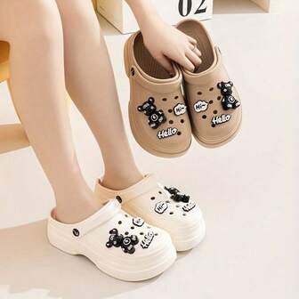 ASOFTER Women's Cute Cartoon Hollow Sandals, Thick Sole Slip-On Slippers With Bear Design, Suitable For Outdoor, Beach, Christmas Gift