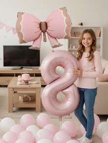 2pcs/Set 40-Inch Pink Number 0-9 Birthday Party Decorative Balloons, Huge Pink Matte Bow Shaped Foil Balloons, Suitable For Princess Style, Pink Theme, Anniversary, Baby Shower Birthday Party Decorations - Multicolor - View 6