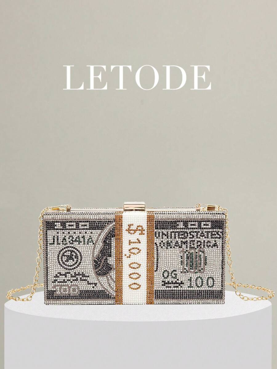 LETODE Women Evening Clutch Bag Bridal Wedding Mini Ladies' Sparkling Rhinestone With Metal Chain Strap, Golden,Metal Chain For Wedding And Party Shoulder Bag - màu đen - Xem 1