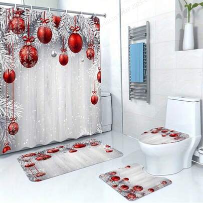 1pc/4pcs Christmas Waterproof Shower Curtain Set With 12 Hooks And Bath Mat Toilet Seat Anti- Bathroom Carpet Polyester Fabric Curtain Bathroom Accessories Home Decor (Open Style JIT)