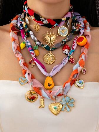 1 pieza Collar con colgante de locket con forma de corazón y charms de frutas para mujeres, collar elegante con bufanda y colgante de piña con forma de sol y naranja, collares apilables y de varias capas para mujeres, joyería