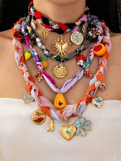 1 pieza Collar con colgante de fruta con forma de corazón, collar de bufanda elegante con colgantes de girasol, piña y naranja, collar de varias capas joyería para mujeres