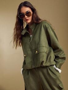 Sollinarry Women's Spring New Faux Suede Fashion Olive Green Stand Collar Zip Jacket And Matching Wide Leg Pants 2 Pieces Set - Army Green - View 3