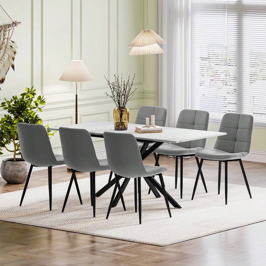 Jooli H Extendable Dining Table And Chairs Set Of 6, Easy Clean Rectangular Dining Table With Padded Chairs Durable Dining Furniture Set Suitable For Dining Room And Kitchen, White Marble Table With Linen Grey Chairs