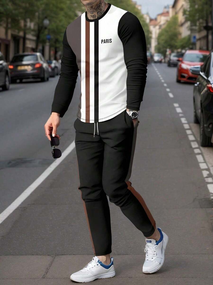 Men's Casual Printed Round Neck T-Shirt And Pants Set