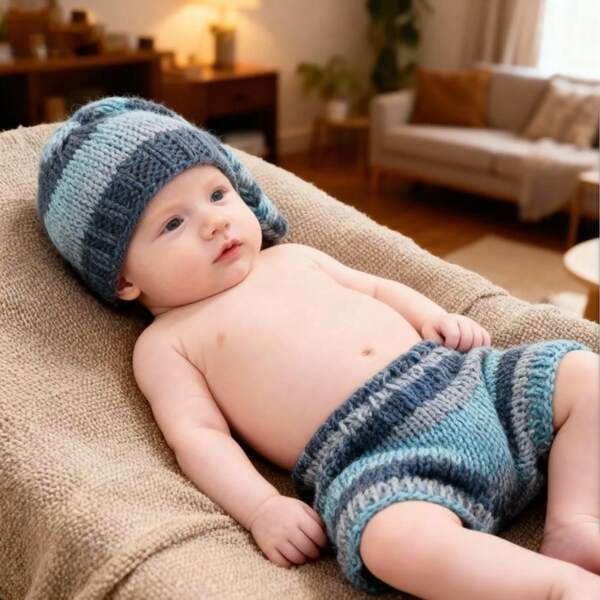 Conjunto de punto de alta gama estilo Ins para bebé, ropa de bebé recién nacido niño, pantalones de punto a rayas azul-gris + gorro a juego, conjunto de punto para bebé recién nacido, otoño/invierno, gorro y pantalones de punto para estar en casa, regalo de los 100 días, regalo para baby shower, atuendo para fotografía de recién nacido