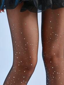 1条装 80克/220克/300克 女士性感闪光透明亮片亮片黑色连裤袜，春秋冬商务及性感造型连裤袜，保暖内衬连裤袜，保暖打底裤，E-Girl - 黑色 - 查看 6