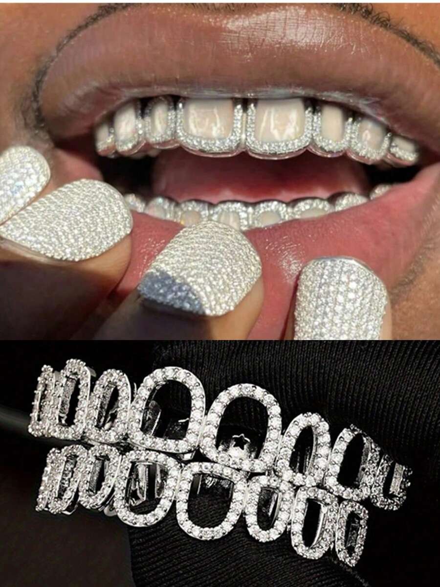 2 chiếc răng sứ Zirconia 5A khảm Hip-Hop GRILLZ răng vàng khoét lỗ dùng làm quà tặng Halloween & tiệc tùng phù hợp cho nam và nữ