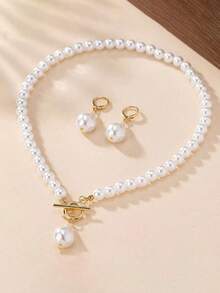1 Set Faux Pearl Necklace, Choker, Asymmetrical Pearl Earrings, Elegant & Versatile Jewelry Set