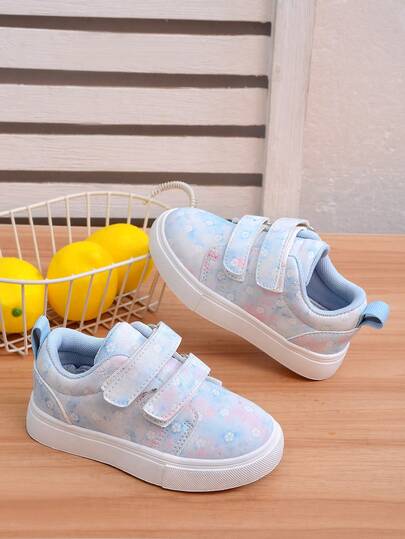 1 Pair Light Blue Printed Double Strap Baby Sneakers, Fashion, Comfortable, Non-Slip, Durable, Versatile, Lightweight, Stylish Toddler Walking Shoes, Molded Insole, Stable Fit