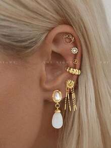 1 Bộ 6 chiếc khuyên tai Zirconia & Opal, khuyên tai & kẹp tai Bộ trang sức thời trang dành cho nữ, thích hợp cho tiệc tùng, ngày lễ, hẹn hò hoặc đám cưới - Vàng - Xem 1